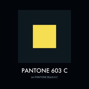 Könnte beinhalten: Ein Grafikdesign mit einem hellgelben Quadrat, das in einem größeren dunkelanthrazitfarbenen Quadrat zentriert ist. Unter der Grafik steht der weiße Text PANTONE 603 C on PANTONE Black 6 C, der die verwendeten Farbcodes angibt.