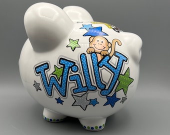 ¡Tema de monos y jungla! - Hucha de cerámica grande personalizada, pintada a mano al 100 %