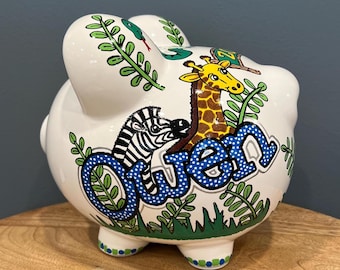 Animales del zoológico - Alcancía de cerámica grande personalizada, 100 % pintada a mano