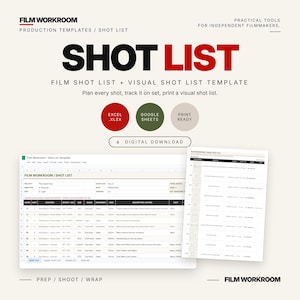 Modelo de lista de planos de filmagem, Excel e Planilhas Google, Cronograma de produção, Planejador de filmagem (Download digital)