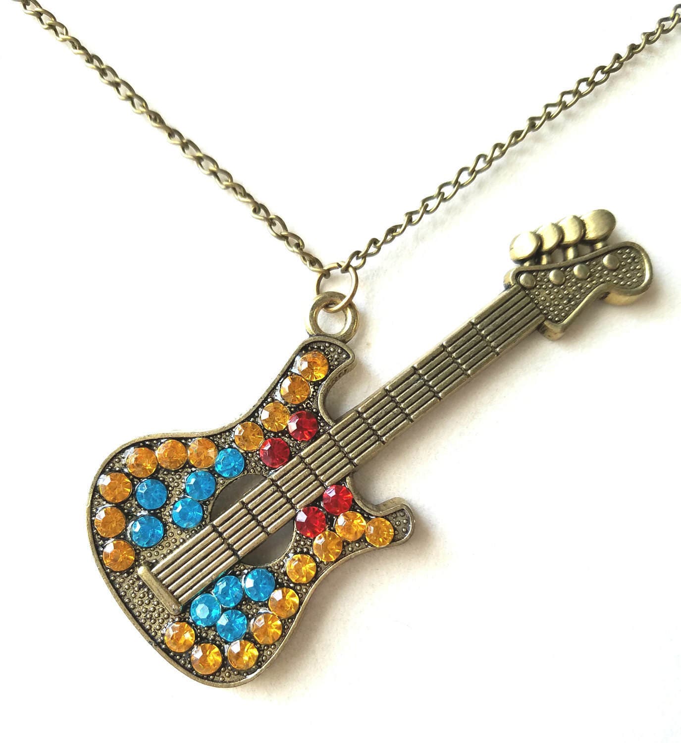 Antique Bronze and Rhinestone Guitar Necklace Etsy