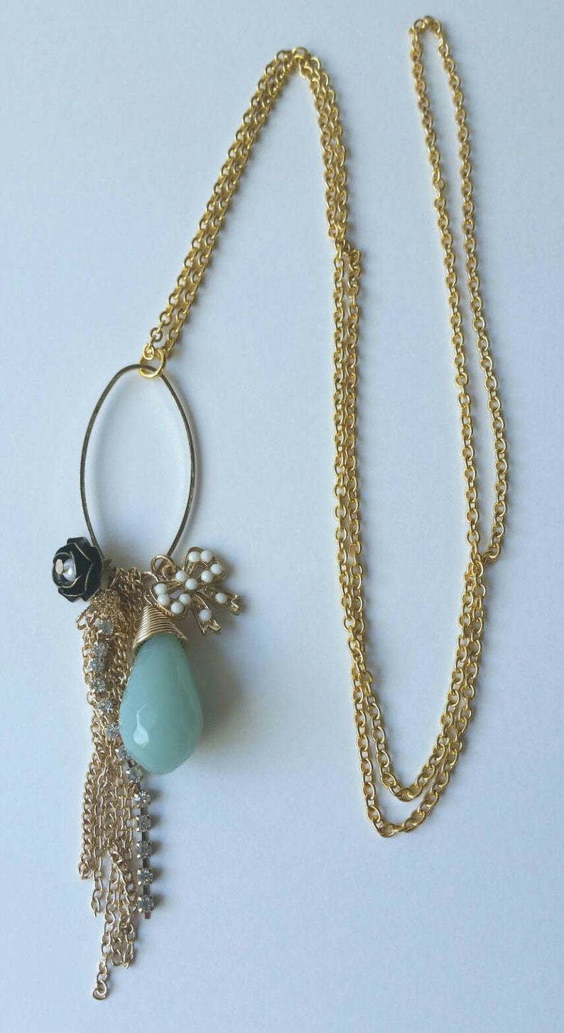 Aqua and Gold Long Necklace Etsy