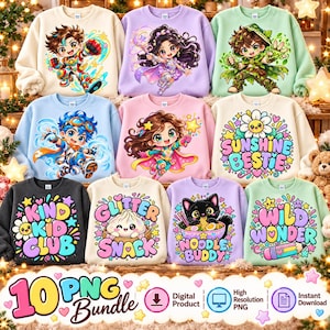 PNG-Bundle für Kinder, süßes Preppy-Zitat (PNG), Wildes Kind, Kind Gottes, Ramen-Katze, Glitzerknödel, lustiges Sublimations-T-Shirt-Design