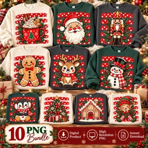 May include: A collection of ten crewneck sweatshirts featuring festive holiday graphics including a gingerbread man, Santa Claus, a nutcracker, a reindeer, a snowman, a penguin, a Christmas tree, a gingerbread house, and an elf.