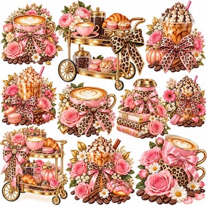 May include: A collection of digital illustrations featuring pink coffee cups, iced beverages, and gold serving carts adorned with leopard print bows, pink roses, white daisies, coffee beans, croissants, macarons, and donuts on a white background.