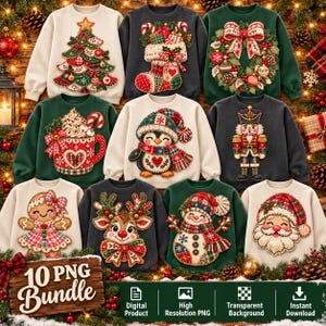 May include: A collection of ten crewneck sweatshirts featuring embroidered-style Christmas graphics including a tree, stocking, wreath, cocoa mug, penguin, nutcracker, gingerbread person, reindeer, snowman, and Santa Claus.