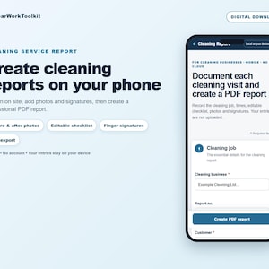 May include: A digital cleaning service report tool displayed on a smartphone screen. The interface includes fields for cleaning business name, report number, and customer details, with buttons for before and after photos, checklists, and PDF export.