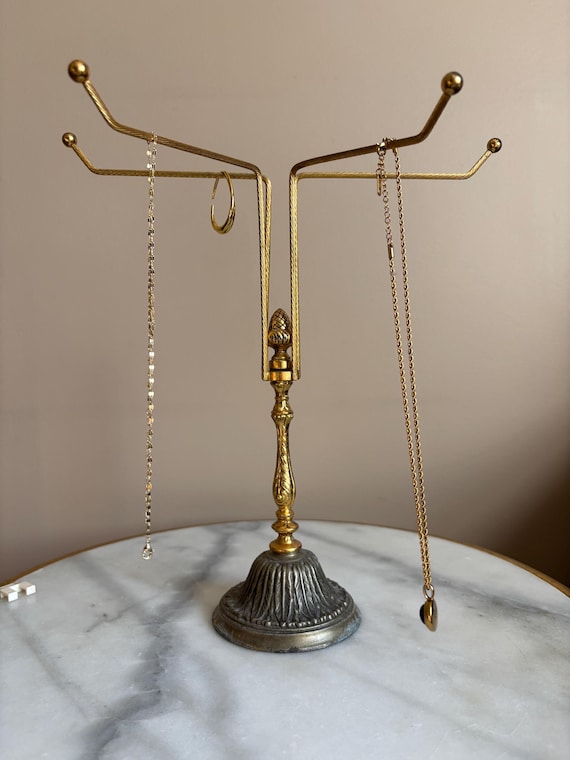 Vintage Brass Jewelry Tree Stand, Hollywood Regency Countertop Towel Holder Rack with Acorn Finial