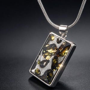 Seymchan Pallasite Meteorite Pendant, Rectangular Olive Meteorite Necklace, Genuine Space Gem Cosmic Jewelry Gift