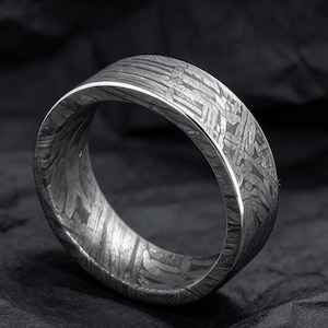 Può includere: Un anello metallico caratterizzato da un distinto motivo di Widmanstätten sulla superficie. La fascia mostra una complessa struttura cristallina intrecciata con sfumature di grigio scuro e argento, con una finitura lucida lungo i bordi.
