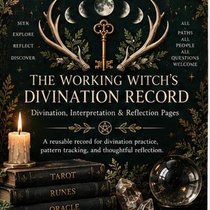 May include: A dark green book cover titled The Working Witch's Divination Record with gold text, an illustration of antlers, a key, and moon phases. It features a lit candle, a stack of four books labeled Tarot, Runes, Oracle, and Divination, and a crystal ball.