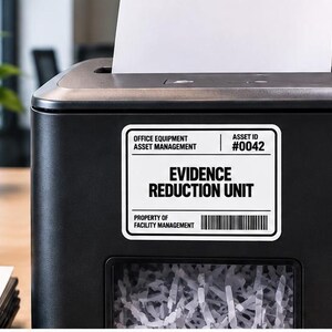May include: A black paper shredder featuring a white rectangular sticker with black text that reads OFFICE EQUIPMENT ASSET MANAGEMENT, ASSET ID #0042, EVIDENCE REDUCTION UNIT, PROPERTY OF FACILITY MANAGEMENT, and a barcode graphic.