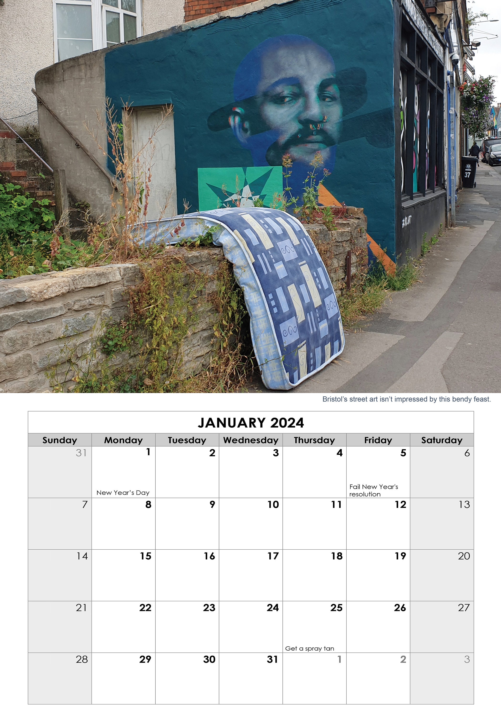 Abandoned Mattress calendar 2024 funny street art calendar for