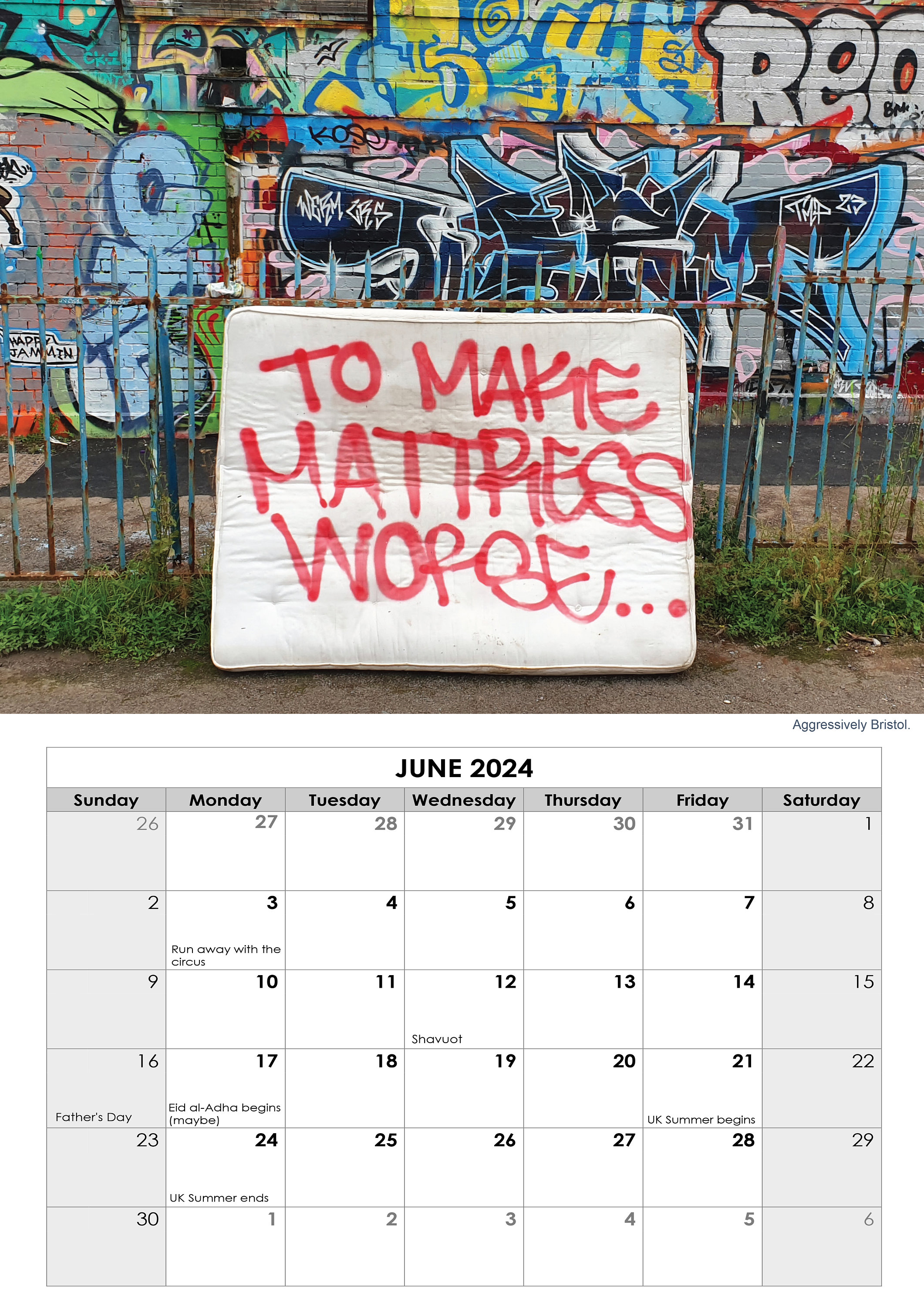 Abandoned Mattress calendar 2024 funny street art calendar for Christmas sold by Maimed