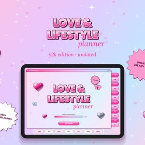 May include: A digital planner displayed on a tablet screen with a pink and blue gradient background. The interface features the text LOVE & LIFESTYLE planner, y2k edition, undated, 860+ TAPPABLE LINKS, and UNDATED USE ANY YEAR.