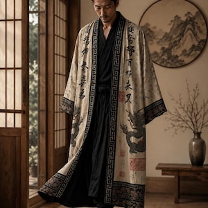 May include: A long, beige open-front robe featuring black Chinese calligraphy and a dark dragon illustration. The garment has a wide black border with geometric patterns at the hem and sleeves, worn over a solid black outfit with dark boots.