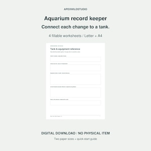 Registro de mantenimiento del acuario, registros de tanques rellenables, resultados de análisis de agua y notas sobre el equipo, archivos PDF tamaño carta A4.