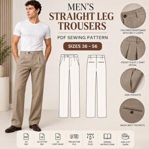 May include: A PDF sewing pattern for straight leg trousers in sizes 36-56. The image displays a white t-shirt and tan trousers, technical line drawings of the front and back, and circular detail shots of the waistband, pleats, pockets, and welt pockets.