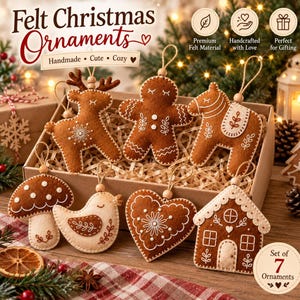May include: A set of seven brown and cream felt Christmas ornaments in a cardboard box. The shapes include a reindeer, gingerbread person, horse, mushroom, bird, heart, and house, all featuring white embroidered details and hanging loops.