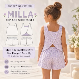 May include: A PDF sewing pattern for the Milla top and shorts set, featuring a light purple floral print. The set includes a sleeveless top with a crossover back and elastic-waist shorts. Size range covers 12 months to 14 years.