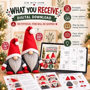 May include: A digital sewing pattern for Scandinavian Christmas gnomes, featuring two finished plush gnomes in red and gray, a laptop displaying the PDF pattern, and printed instruction sheets with photo guides and pattern pieces.