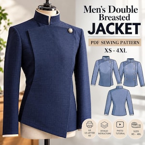 May include: A navy blue double-breasted jacket with a high collar and a single visible button. Text reads: Men's Double Breasted JACKET PDF SEWING PATTERN XS - 4XL. Includes illustrations of the jacket front, back, and buttoned variations.
