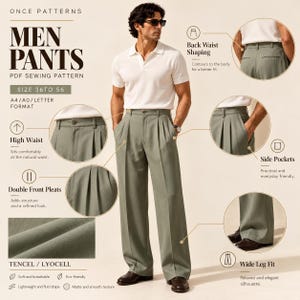 May include: A PDF sewing pattern for sage green trousers featuring a high waist, double front pleats, side pockets, and a wide-leg fit. The document includes text labels for back waist shaping, size range 36 to 56, and Tencel Lyocell fabric details.