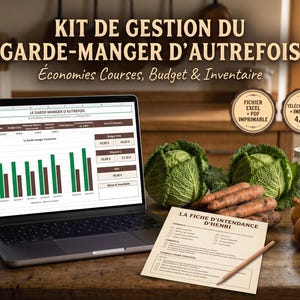Peut inclure: Un ordinateur portable affichant un tableur de gestion de garde-manger intitulé KIT DE GESTION DU GARDE-MANGER D'AUTREFOIS, avec une fiche imprimée LA FICHE D'INTENDANCE D'HENRI, des choux, des carottes et des oignons sur une table.
