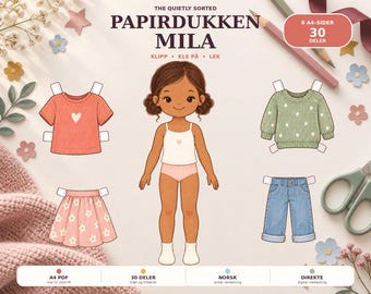 Papirdukken Mila med 30 klær og tilbehør | 8 A4-sider på norsk | Utskrivbar påkledningsdukke PDF