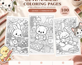 100 Animal Coloring Pages Bundle, 5 Themed PDFs, A4 Printables (Digital Download)