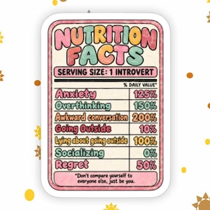 May include: A rectangular sticker featuring a Nutrition Facts label with pastel pink, blue, and yellow text. It lists Anxiety 125%, Overthinking 150%, Awkward conversation 200%, Going Outside 10%, Lying about going outside 100%, Socializing 0%, and Regret 50%.