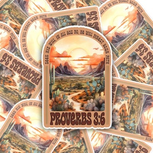 May include: Multiple stickers with a desert landscape and sunset. The stickers feature the text "Proverbs 3:6" and the phrase "Seek His will in all you do, He will direct your path".