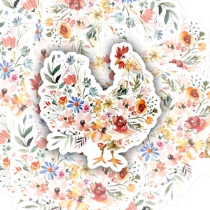 May include: A watercolor illustration of a rooster made of flowers. The rooster is surrounded by a circle of smaller floral designs.