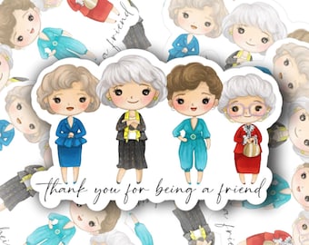 May include: A set of 18 stickers featuring a cartoon character with the text "Thank you for being a friend". The stickers are in a circle with the character in different poses and outfits. The stickers are white with a black outline.
