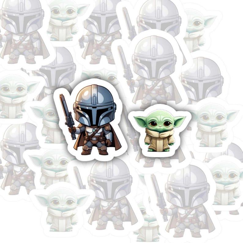 May include: A collection of die-cut stickers featuring a cartoon armored warrior in a silver helmet holding a blaster, alongside a small green creature with large ears and eyes wearing a tan robe, arranged in a repeating pattern on a white background.