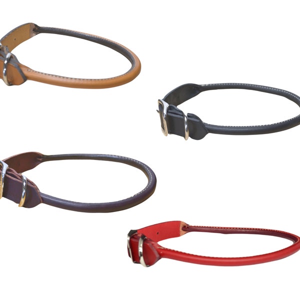 Rolled Leather dog collar with Nickel Hardware available colors Black, Brown, Tan or Red Made in USA