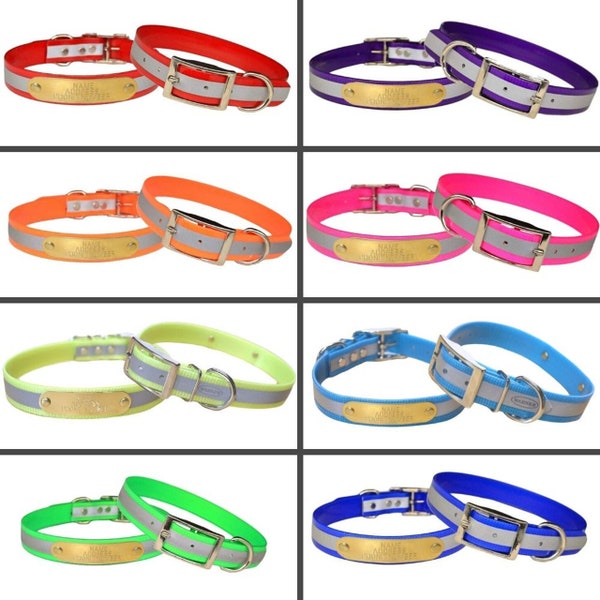 Warner Water-Proof Reflective Dayglo Dog Collar for Small - Medium Dogs with Free brass ID tag 3/4" wide USA