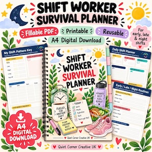Könnte beinhalten: Ein spiralgebundener Shift Worker Survival Planner mit einem Cover, das eine Uhr, eine Kaffeetasse, eine Wasserflasche, eine Mahlzeit und Sneaker zeigt. Der Planer enthält Seiten für Schichtpläne, Tagesplanung und Routinen im A4-Format.