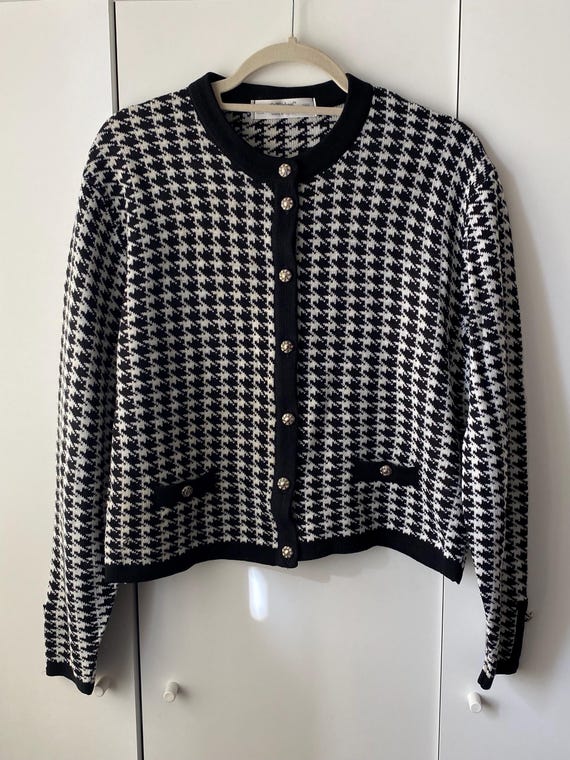 Marks & Spencer, Vintage 80s 90s St Michael Houndstooth Cardigan Black White - UK 12 M