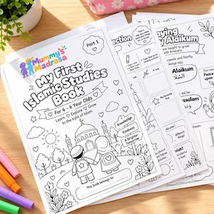 May include: A set of black and white educational activity sheets titled My First Islamic Studies Book for 4-6 year olds. The pages feature line art illustrations of a mosque, children, and nature, along with text prompts for colouring, writing, and learning about Islamic manners and Surah Al-Fatiha.
