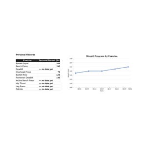 May include: A fitness tracking chart titled Personal Records and Weight Progress by Exercise. The table lists exercises and weights in lbs, while the line graph displays weight progression over time with dates from 08/05 to 09/01 on the x-axis.