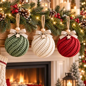 Peut inclure: Trois ornements sphériques présentant un motif tricoté en spirale texturé en vert, crème et rouge. Chaque ornement est surmonté d'un nœud en tissu beige, d'une petite étoile en bois, d'une perle en bois et d'une boucle en jute pour suspendre.