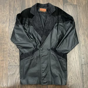 Vtg 80s 90s Black Leather Trench Coat Sz-Medium Suede Panel Reptile Print Lining