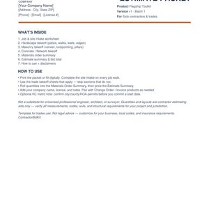 May include: A white document titled ContractorBidKit Takeoff & Estimate Packet for solo contractors. It includes sections for company details, a job intake worksheet, hardscape, masonry, and concrete takeoffs, an estimate summary, and instructions.