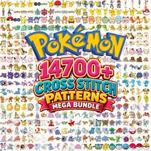 May include: A digital collection of 14700+ Pokemon cross stitch patterns featuring a large blue and yellow Pokemon logo, pink and blue text reading 14700+ CROSS STITCH PATTERNS MEGA BUNDLE, and numerous small colorful character illustrations.
