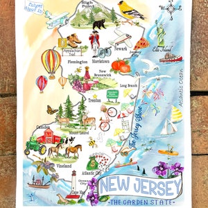 May include: A watercolor illustration of the state of New Jersey with various landmarks and symbols. The illustration includes a hot air balloon, a lighthouse, a tractor, a bicycle, a beach scene, and a fireworks display. The text "NEW JERSEY - THE GARDEN STATE -" is written in blue letters at the bottom of the illustration.