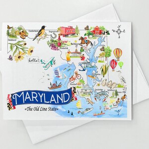 May include: A watercolor illustration of a map of Maryland with various landmarks and icons. The map is surrounded by a blue banner with the text "MARYLAND - The Old Line State -" in white. The map includes cities like Baltimore, Annapolis, and Ocean City, as well as landmarks like the Chesapeake Bay Bridge and the Potomac River.