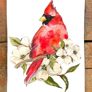 Cardinal with  Dogwood  #117 Flour Sack Kitchen Towel