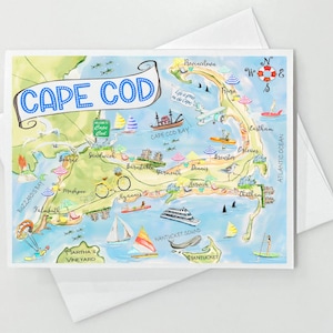 May include: A watercolor illustration of Cape Cod, Massachusetts, with the text "Cape Cod" in a blue banner at the top. The map shows the towns of Provincetown, Truro, Eastham, Orleans, Brewster, Chatham, Dennis, Yarmouth, Barnstable, Sandwich, Bourne, Falmouth, Mashpee, Hyannis, and the islands of Martha's Vineyard and Nantucket.