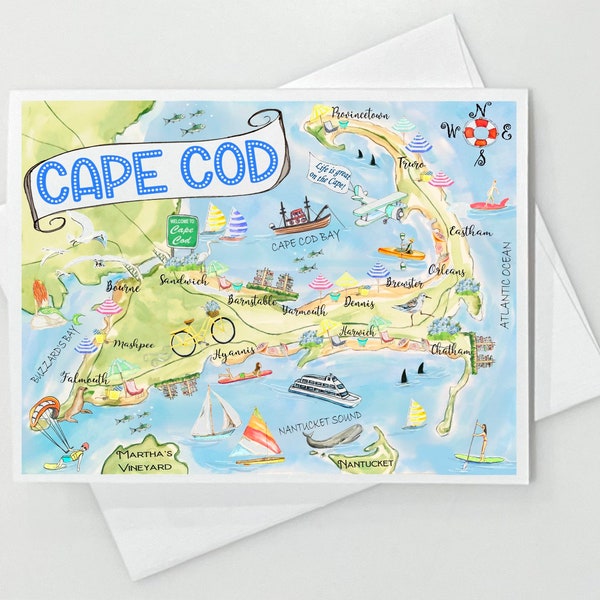 Cape Cod Massachusetts Map #170 Linen Notecards Set of 8